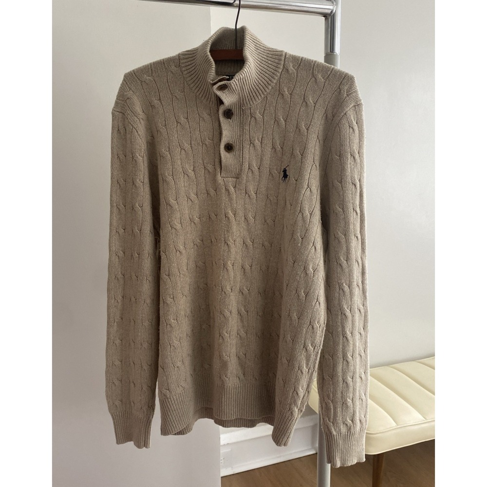 Polo Ralph Lauren Cable Knit Fisherman 100% Silk Sweater Mens Size Medium Beige